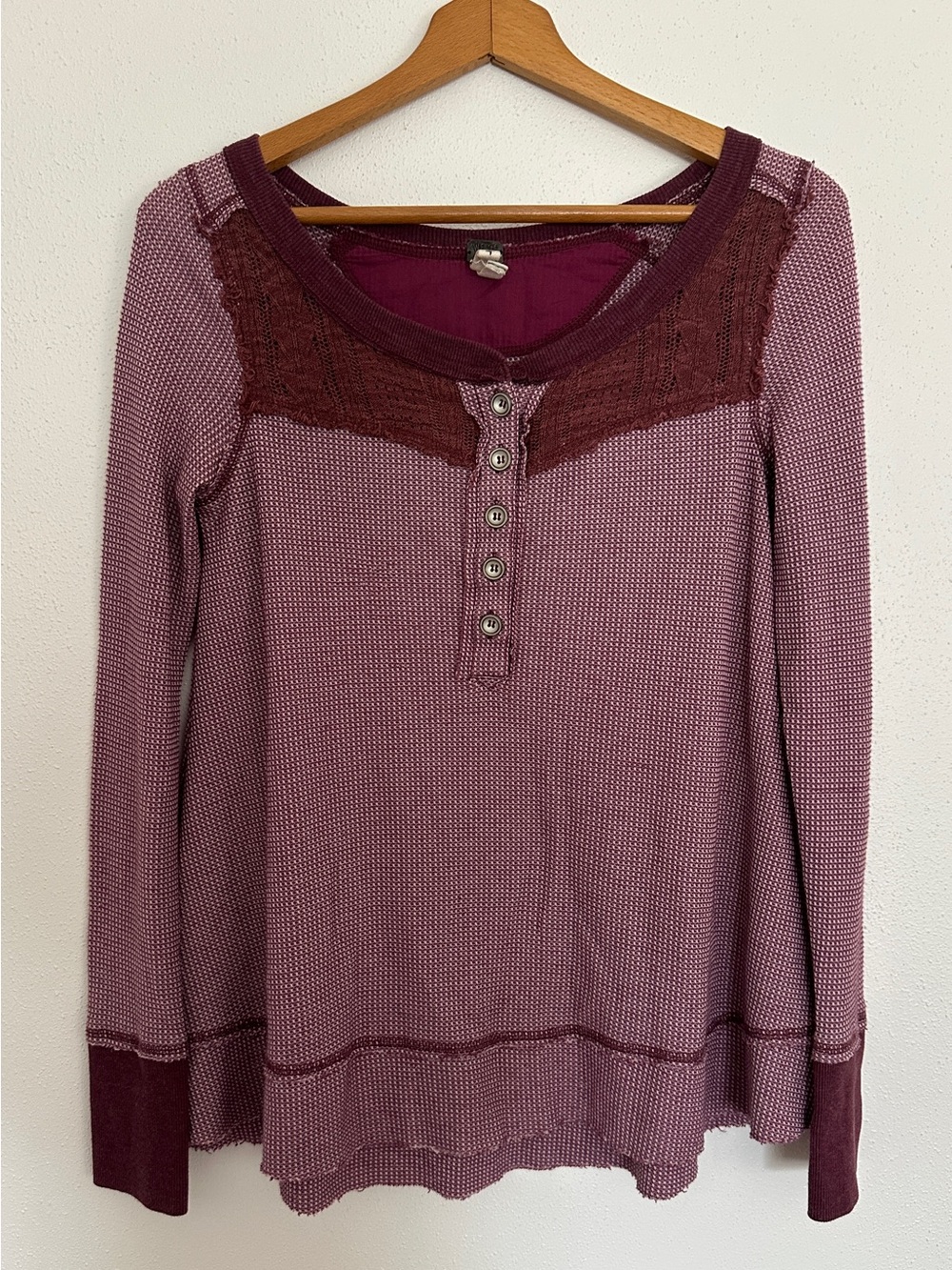 Free People We The Free Waffle Knit Trapeze Henley Top Maroon Lace Small